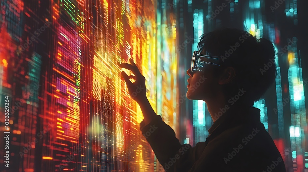 Poster in a futuristic space, someone interacts with a stream of digital data.