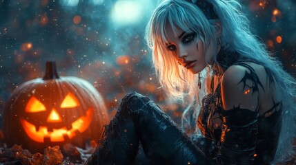 Naklejka premium Dark Gothic Halloween Aesthetic with Pumpkins and Mysterious Girl