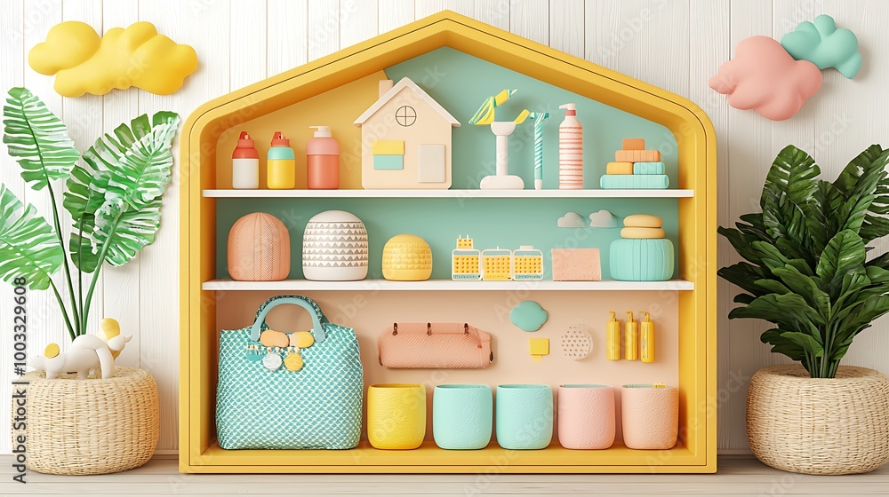 Poster a colorful 3d-rendered shelf is filled with home decor items, adding charm to a vibrant scene.
