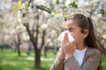 Obraz premium Young girl sneezes, holding nose wiper amidst blooming trees in park. Caucasion female allergy sufferer with handkerchief. Springtime outdoors. Pollen allergy season. Natural health care.