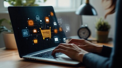 Person typing on laptop with digital shopping cart and security icons overlay representing e-commerce, technology, and online security in a modern setting.