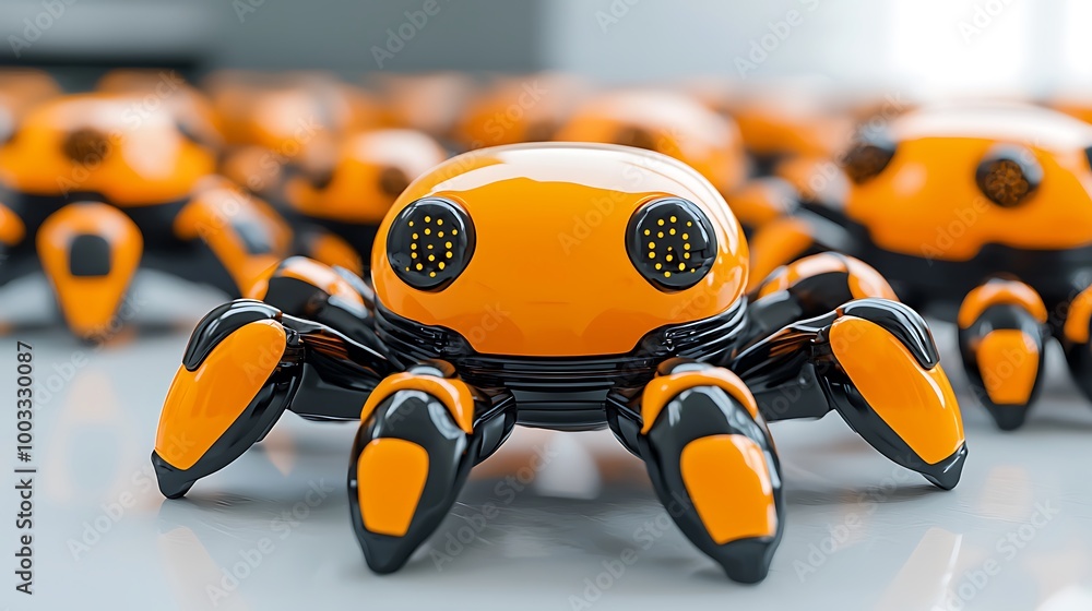 Poster an orange and black robot spider moves with precision, its every detail sharp in close-up.