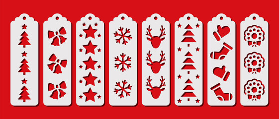 Set of 8 Christmas vertical bookmarks. Laser cut template. Decorative bookmark stencil for paper, wood and metal cutting. Vector design with winter pattern