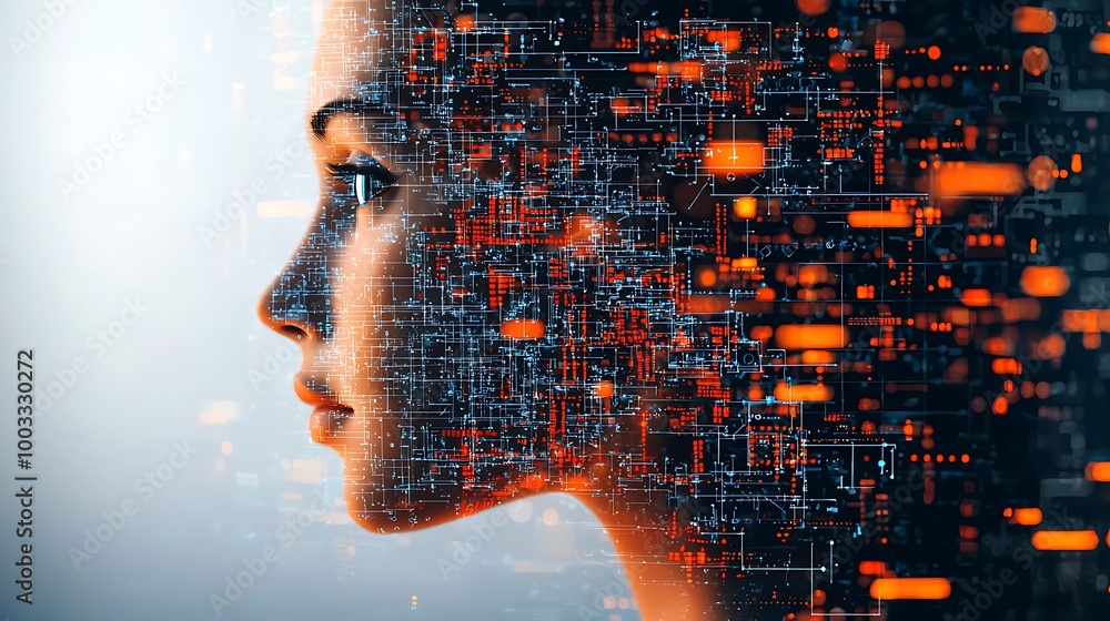 Aufkleber a digital woman, surrounded by abstract circuitry and binary code, stands as a symbol of the future.