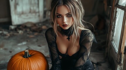 Fototapeta premium Dark Gothic Halloween Aesthetic with Pumpkins and Mysterious Girl