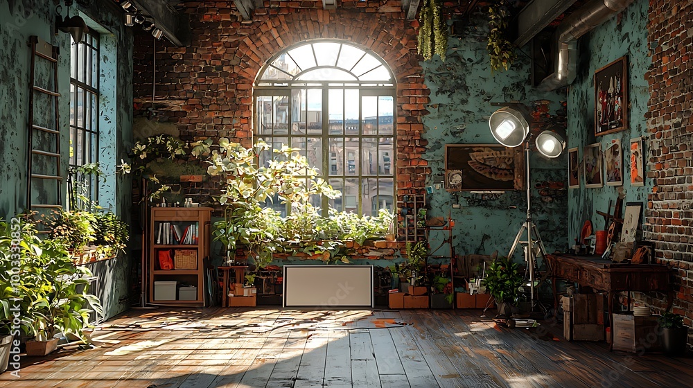 Poster sunlight pours through an arched window in a rustic loft, casting shadows across the room.