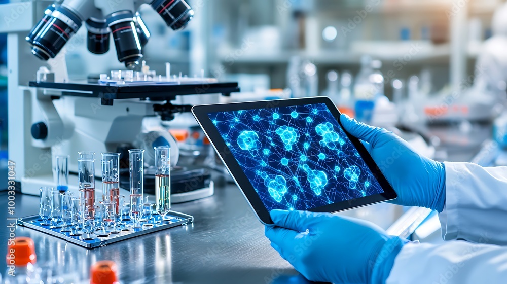 Aufkleber a scientist analyzes neural networks on a tablet while working with a microscope in the lab.