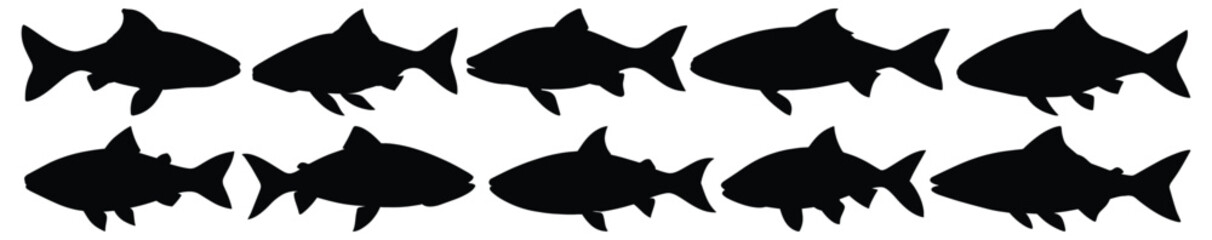 Fish silhouettes set, fishing pack of vector silhouette design, isolated background.