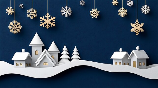 A charming winter village scene, snowflakes dancing on a blue background, evokes holiday warmth.