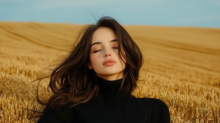 Fototapeta premium A woman with long brown hair gazes out over a wheat field, serene and at peace with nature.