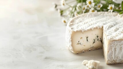 Wedge of soft cheese with herbs on light surface, accompanied by flowers