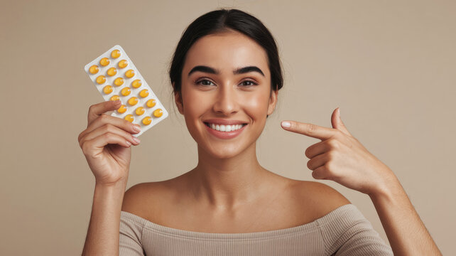 A woman is holding a pill bottle and pointing to it. She is smiling