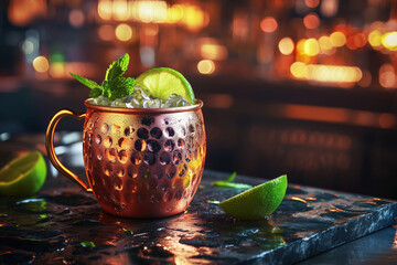 A photo of a Moscow Mule cocktail in a copper mug placed on a modern stone bar table in a high class city lounge.