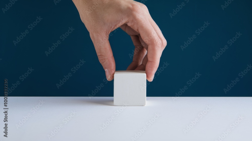 Poster minimalism concept image with a person hand holding a minimalist plain white cube shape object isola