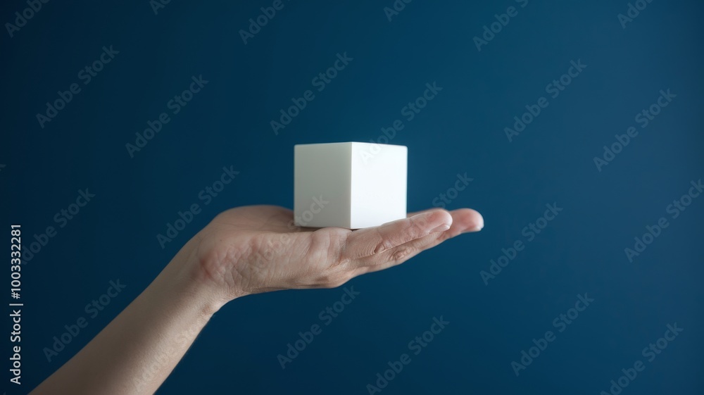 Poster minimalism concept image with a person hand holding a minimalist plain white cube shape object isola