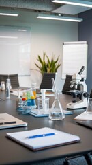 Fototapeta premium Scientific and science tools on a meeting table representing the role of scientific advisory boards in business strategy and innovation in industry at top level of management background