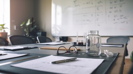 Scientific and science tools on a meeting table representing the role of scientific advisory boards in business strategy and innovation in industry at top level of management background