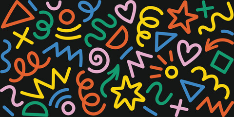 Obraz premium Modern basic shapes set: star, arrow, triangle, circle, heart, zigzag, spiral, wavy lines. Trendy Memphis geometric pattern. Cool abstract background in retro 80s, 90s style. Cute kid doodle design.