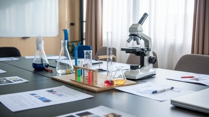 Scientific and science tools on a meeting table representing the role of scientific advisory boards in business strategy and innovation in industry at top level of management background