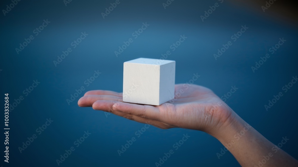 Poster minimalism concept image with a person hand holding a minimalist plain white cube shape object isola