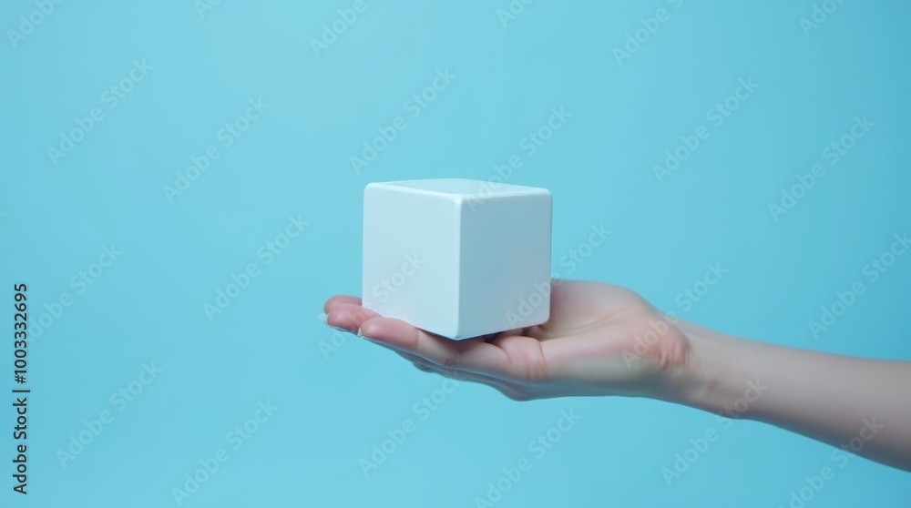 Poster minimalism concept image with a person hand holding a minimalist plain white cube shape object isola