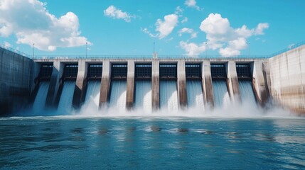 Dam Gates Open With Water Flowing Over Blue Sky