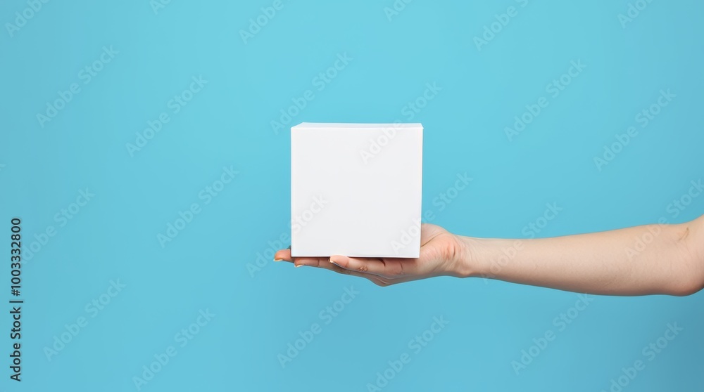 Poster minimalism concept image with a person hand holding a minimalist plain white cube shape object isola