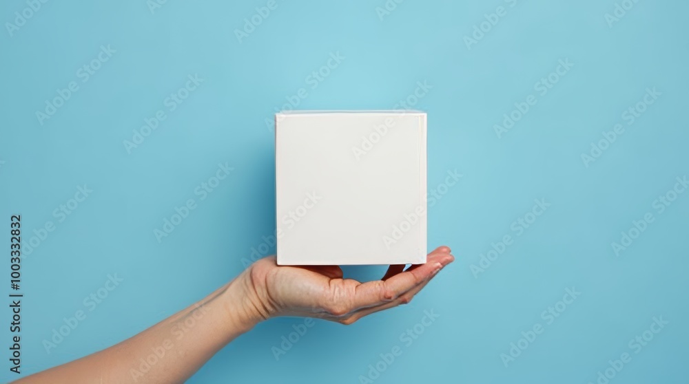 Poster minimalism concept image with a person hand holding a minimalist plain white cube shape object isola