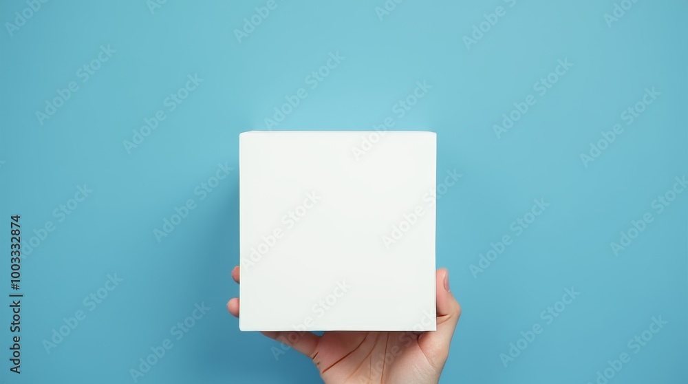 Poster minimalism concept image with a person hand holding a minimalist plain white cube shape object isola