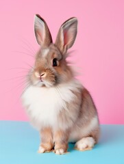 Fototapeta premium Adorable fluffy rabbit stands on colorful background. Cute domestic mammal with soft fur. Rabbit is small, curious creature, symbol of nature, farm, Easter. Cute fluffy rabbit on colorful background.