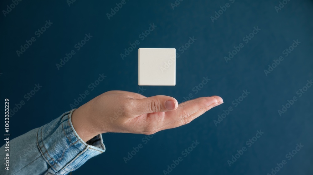 Poster minimalism concept image with a person hand holding a minimalist plain white cube shape object isola