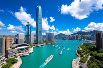 Obraz premium A panoramic view of a coastal urban skyline, with boats in the harbor and towering buildings lining the waterfront