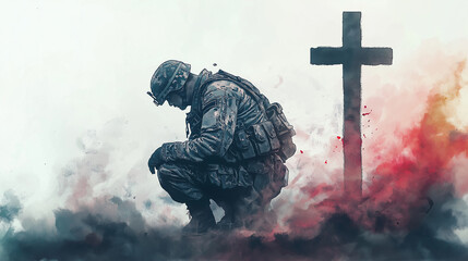 Soldier in camouflage kneels in prayer amidst ruins of war, seeking hope and faith in God and Jesus Christ as he reflects on his duty and action of serving in the military.
