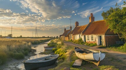 Naklejka premium Sunset at peaceful riverside with boats and quaint houses under dramatic sky