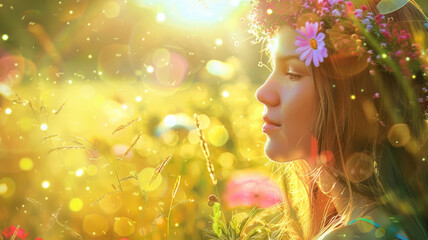 Fototapeta premium Young woman with floral headband in sunlight