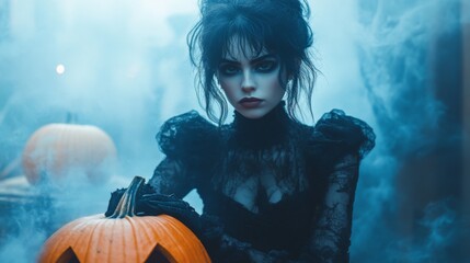 Dark Gothic Halloween Aesthetic with Pumpkins and Mysterious Girl