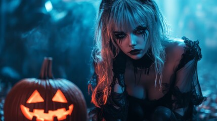 Dark Gothic Halloween Aesthetic with Pumpkins and Mysterious Girl
