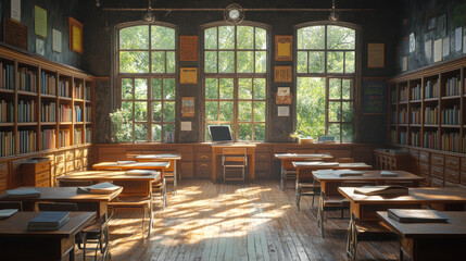 An empty classroom with rows of desks and a large window.