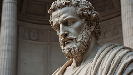 Fototapeta premium Marble Statue of a Stoic Philosopher in Classical Roman or Greek Robes, Expressing Wisdom and Contemplation. A Realistic Sculpture Featuring Detailed Facial Features, Symbolizing Ancient Philosophy .