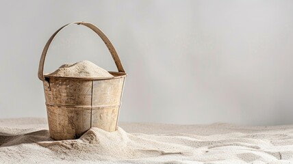 Metal bucket filled with sand, placed on sandy surface