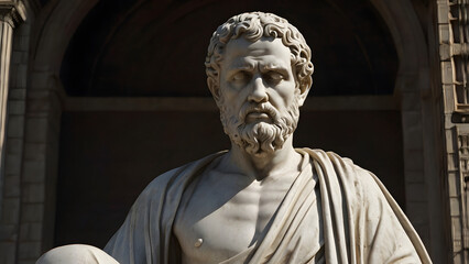 Marble Statue of a Stoic Philosopher in Classical Roman or Greek Robes, Expressing Wisdom and Contemplation. A Realistic Sculpture Featuring Detailed Facial Features, Symbolizing Ancient Philosophy .