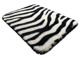 Animal print floor rug with a zebra stripe pattern featuring black and white colors