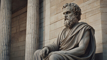 Fototapeta premium Marble Statue of a Stoic Philosopher in Classical Roman or Greek Robes, Expressing Wisdom and Contemplation. A Realistic Sculpture Featuring Detailed Facial Features, Symbolizing Ancient Philosophy .