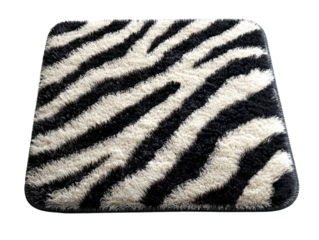 Animal print floor rug with a zebra stripe pattern featuring black and white colors