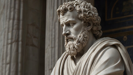 Marble Statue of a Stoic Philosopher in Classical Roman or Greek Robes, Expressing Wisdom and Contemplation. A Realistic Sculpture Featuring Detailed Facial Features, Symbolizing Ancient Philosophy .