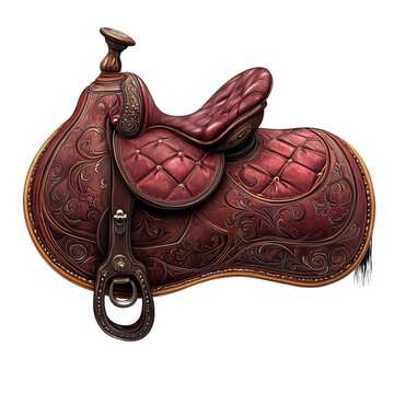 Antique sidesaddle with elegant scrollwork and a side horn featuring a rich burgundy leather