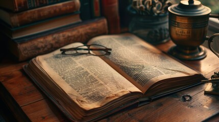 Aged Leather Bound Book on Wooden Table