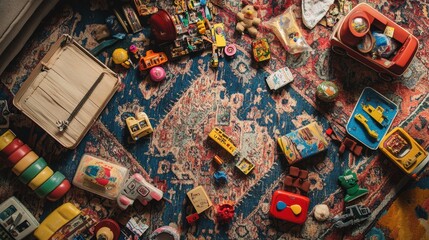 Fototapeta premium Vintage Toys Collection Scattered on Colorful Rug