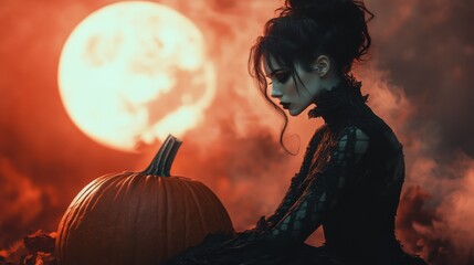Dark Gothic Halloween Aesthetic with Pumpkins and Mysterious Girl