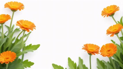 Obraz premium Orange flowers with green leaves on a white background.